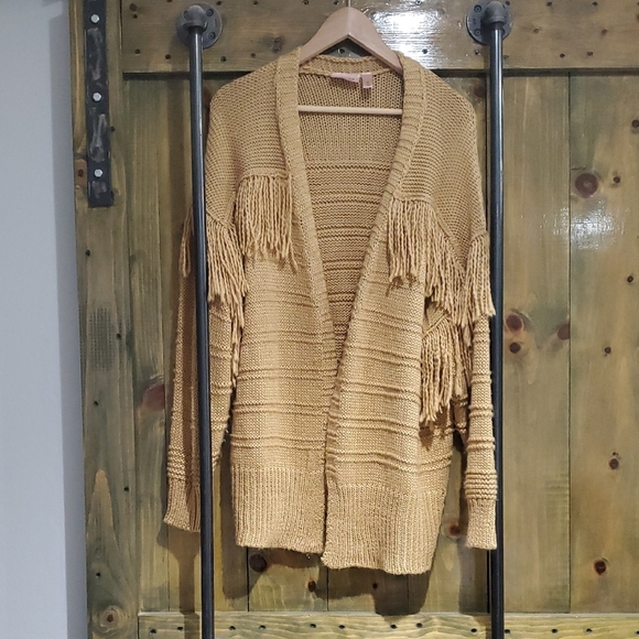 Fringed Tan Oversized Cardigan Sweater Western Cowgirl Boho Festival Farm - Picture 1 of 8